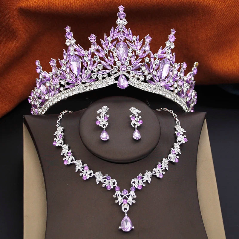 12 Color Bridal Jewelry Sets for Women Wedding Crown Girls Tiaras and Necklace Earrings Bride Party Costume Jewelry Accessories