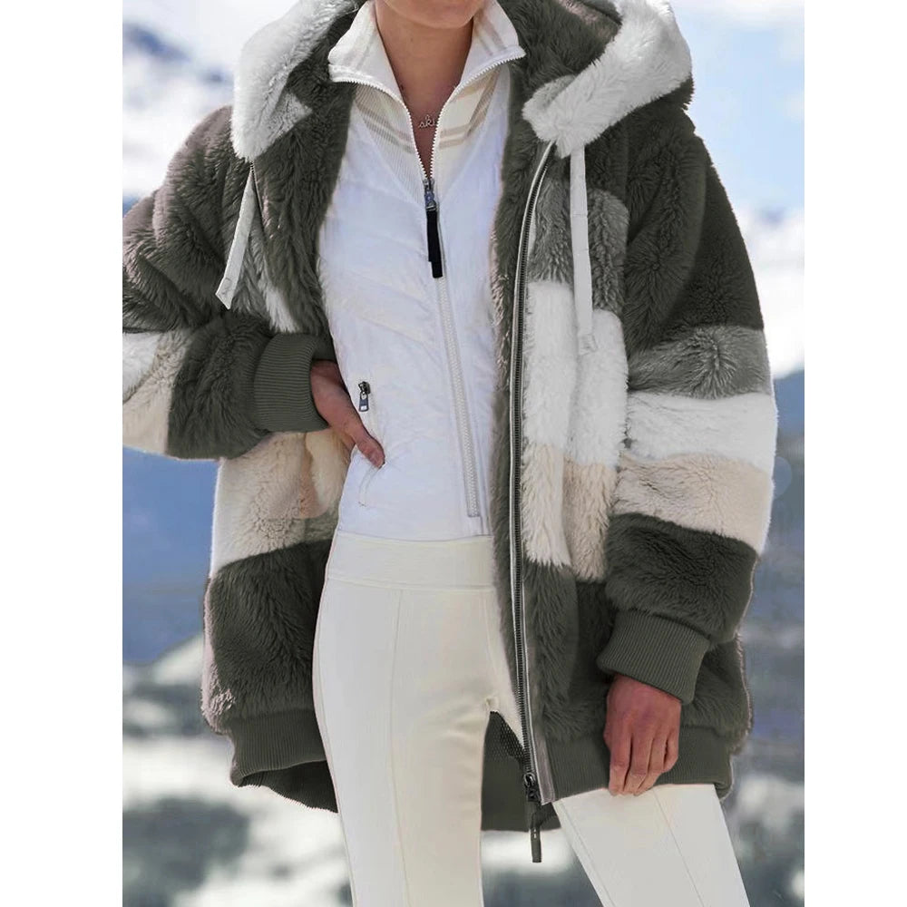 Oversized Jacket for Women Coat 2025 Autumn Winter Warm Plush Pocket Hooded Streetwear Loose Lady Zipper Cashmere Outerwear Coat