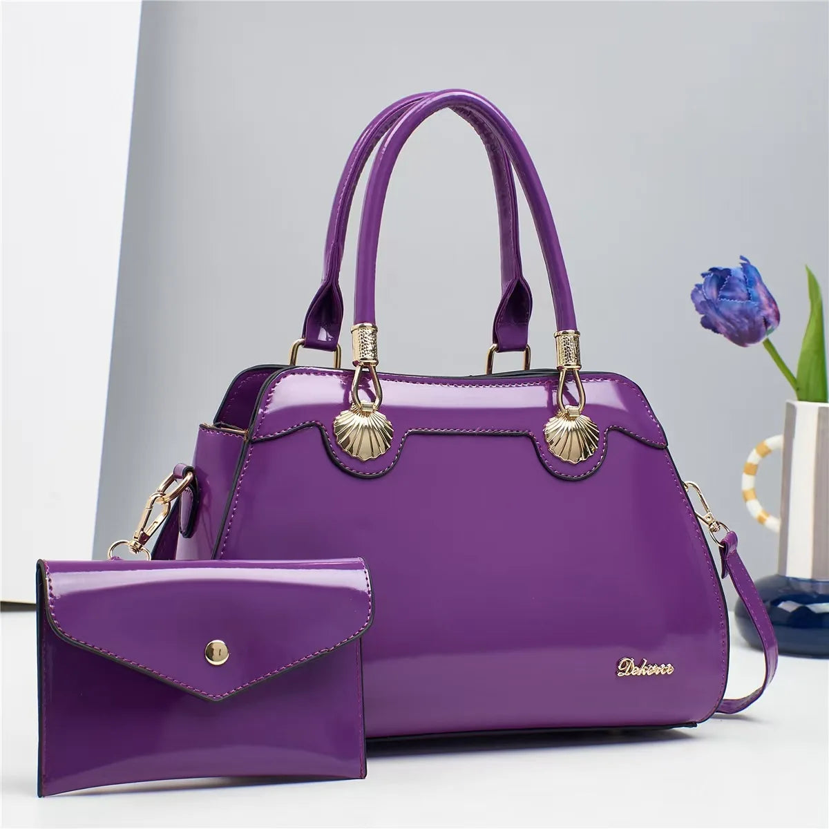 Bright Leather Top-handle Bag For Women Large Capacity Shoulder Bag with Clutch Handbag Purse, Female Shopping Messenger Tote