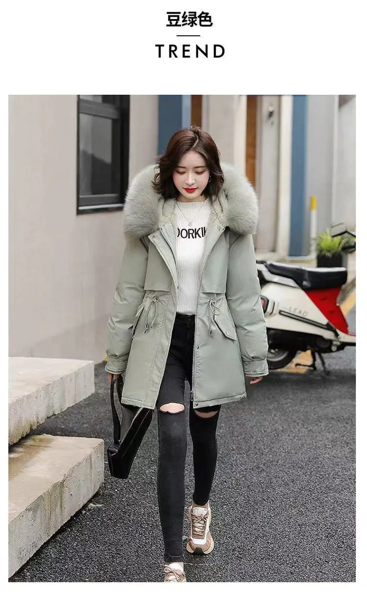 2025 Winter New Korean Edition Loose Thicken Cotton Jacket Women's Big Fur collar Hooded Coat Female Casual Warm Parker Overcoat