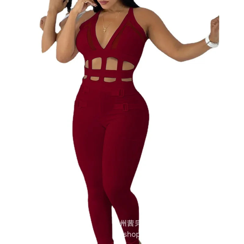 Women's Jumpsuit 2025 Summer New Sleeveless New Fashionable Hollow Camisole Buckle Comparison Mesh Tight Jumpsuit
