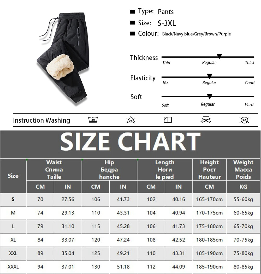 Winter Down Cotton Pants for Men Casual Waterproof Trousers Zipper Pocket Thickened Wool Warm Pants Jogger Outdoor Sweatpants
