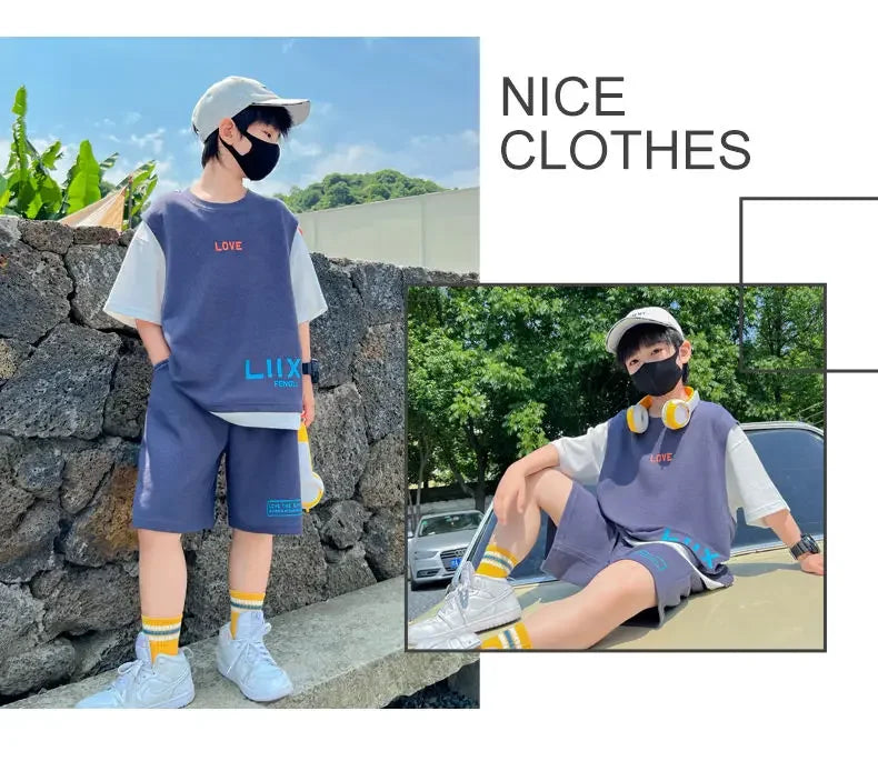 Junior Boys Summer Suit Children's Fashion Patchwork Short Sleeve Shorts Sports Suit Clothing 3-14Y Trend