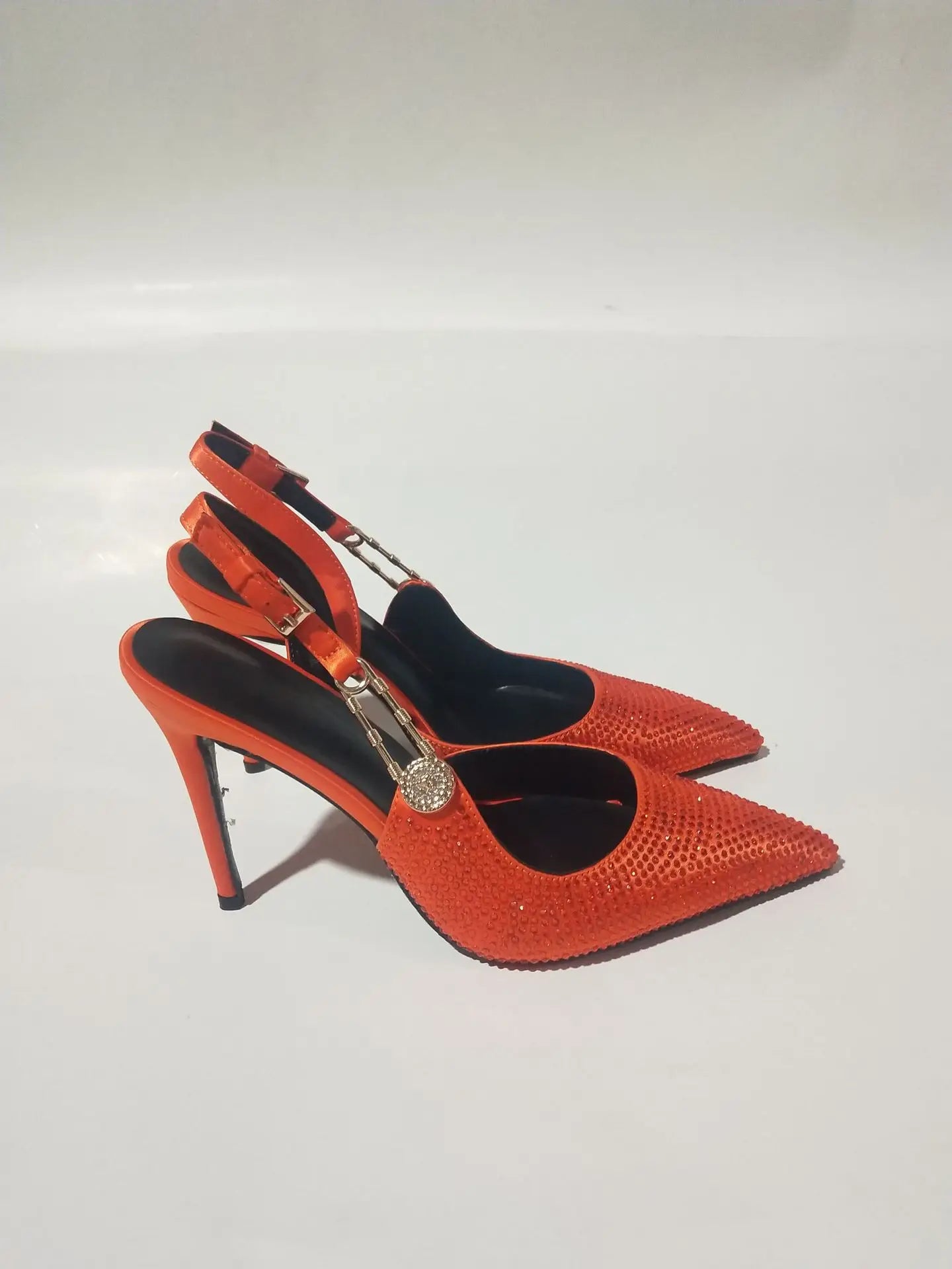 2025Women's Sexy Silk Rhinestone Pumps Belt Buckle Back Hollow Pointed Toe Thin Heel Sandals Pumps Female High Heels Party Shoes