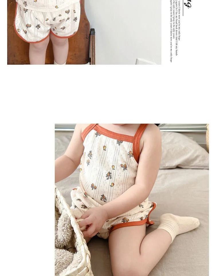 2024 Summer New Baby Sleeveless Tops And Tight Waist Shorts 2 Pieces Suit Girls Square Collar Clothing Set Kids Cotton Clothes