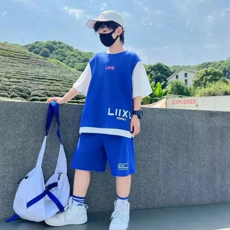 Junior Boys Summer Suit Children's Fashion Patchwork Short Sleeve Shorts Sports Suit Clothing 3-14Y Trend