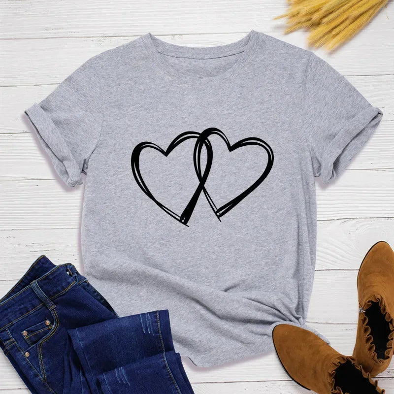 Double Heart Print Women T Shirt Short Sleeve O Neck Loose Women Tshirt Ladies Fashion Tee Shirt Tops Clothes