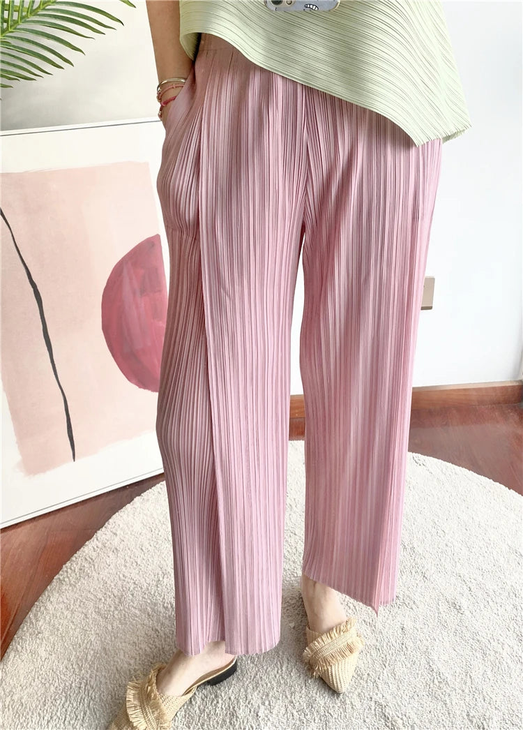 Miyake Pleated Black High Waist Split Side Straight Pants Women Causal Loose Cropped Trousers