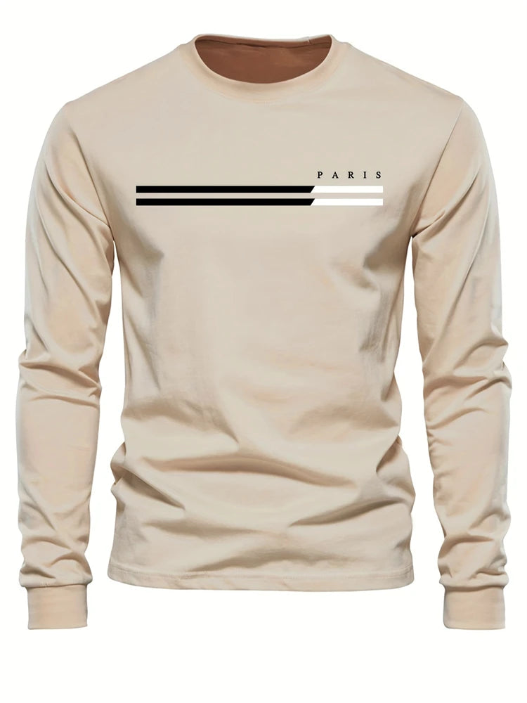 Men's Spring And Fall Fashion Casual Long-sleeved T-shirt Loose PARIS Letters Printed Pullover Round Neck Long Sleeve Sweatshirt