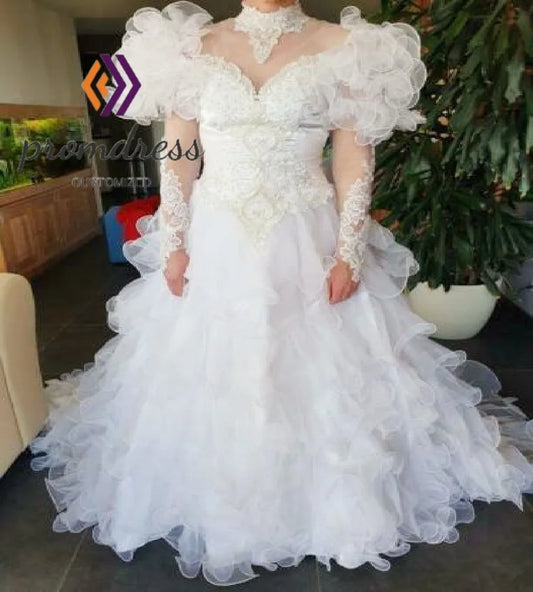 Costume 1980s Victorian Wedding Dress With Ruffles Sleeve Long Sleeve Organza Bridal Dress Tudor Lace Bustle Bride Customized