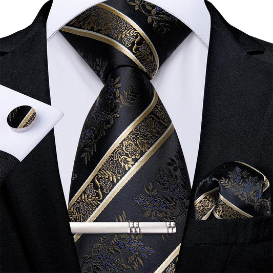 Men's Tie Set with Clip Luxury Retro Striped Floral 8cm Necktie Handkerchief Cufflinks Wedding Party Business Accessories Gift