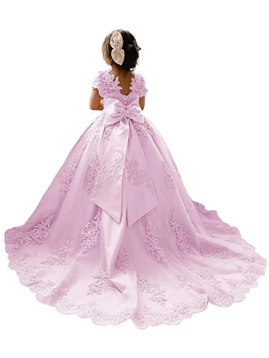 Girls Princess Flower Girl Dresses for Wedding With Bow-knot Beaded Appliques Pageant Dress Kids Long Train Wedding Party Gowns