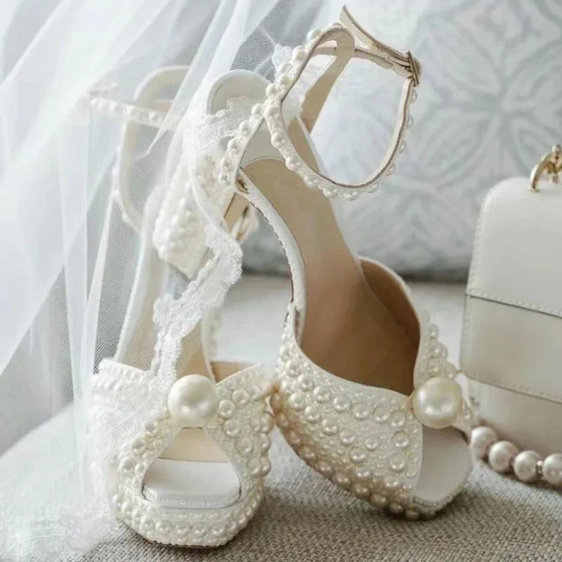 Shoes for Women Beaded Thick Heel Fish Mouth Sandals 35-41 High Heel Waterproof Platform Women's Shoes Wedding