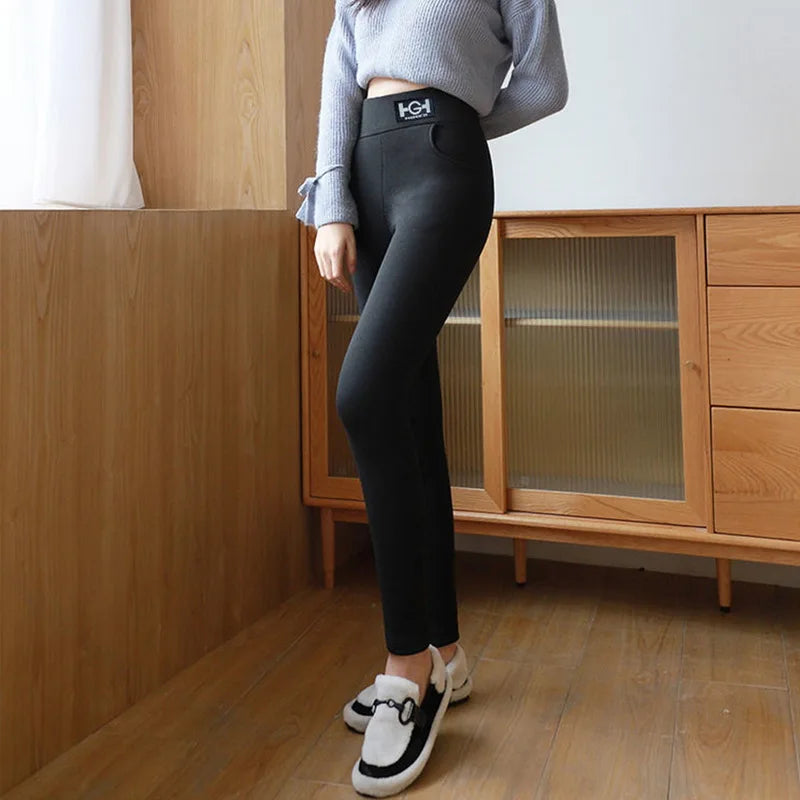 Winter Thermal Pants For Woman Lamb Cashmere Leggings High Waist Extra Thick Wool Tights Pants Warm Fleece Insulated Trousers