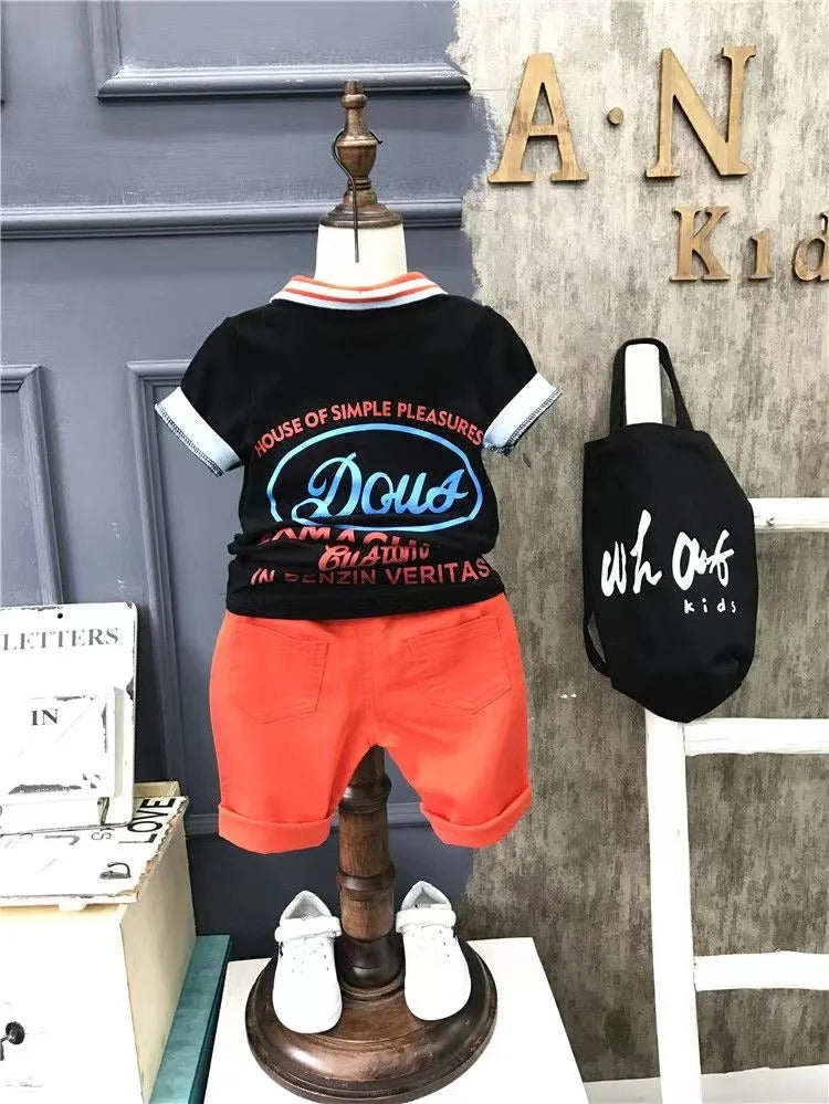 Boys' Summer 2024 New Set Summer Children's Clothing Children's Clothing Boys' Black T-shirt+Shorts Kids Outfits