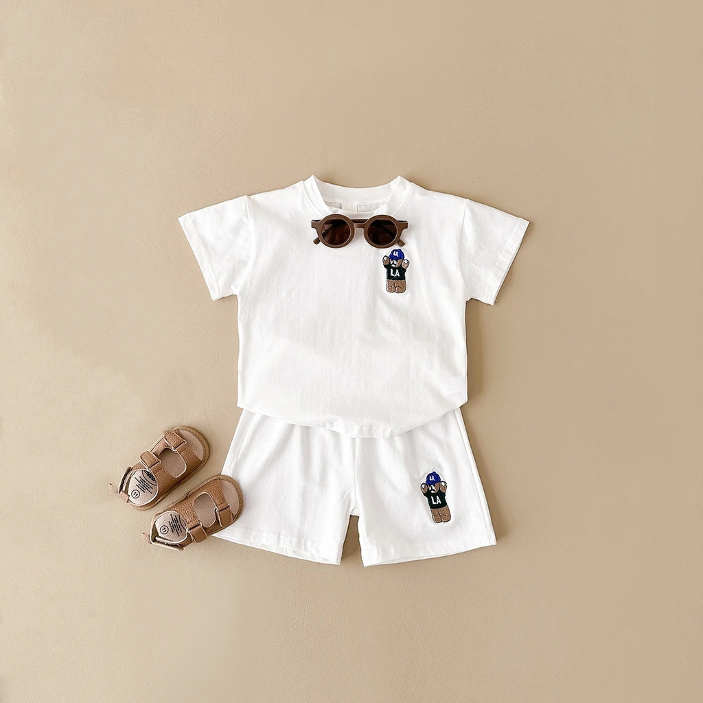 INS Summer Baby Boys Clothes Baby Girls Suit Bear Embroidery Thin Sports T-shirt Baby Cotton Infant Outfit Set Children Clothing