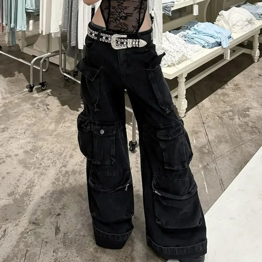 Casual jeans American washed multi-pocket work jeans Y2K retro women's street black straight-leg loose wide-leg pants