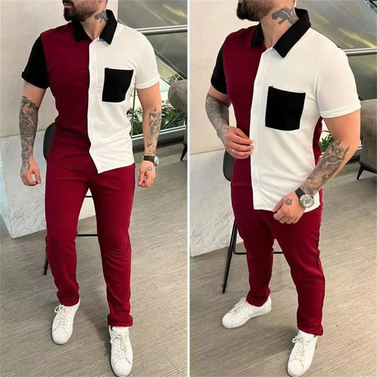 Summer Men Short-sleeved Suit fashion Color-blocked Sportswear Short-sleeved Shirt trousers Two-piece Mensuit S-XXXL