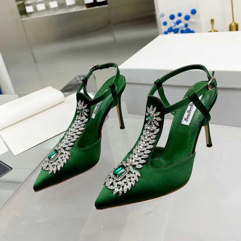 Ladies Wedding Shoes Rhinestone Pointed Toe High Heels Satin Gemstone Stiletto Sandals 2022 New Baotou Fairy Pump Wedding Shoes