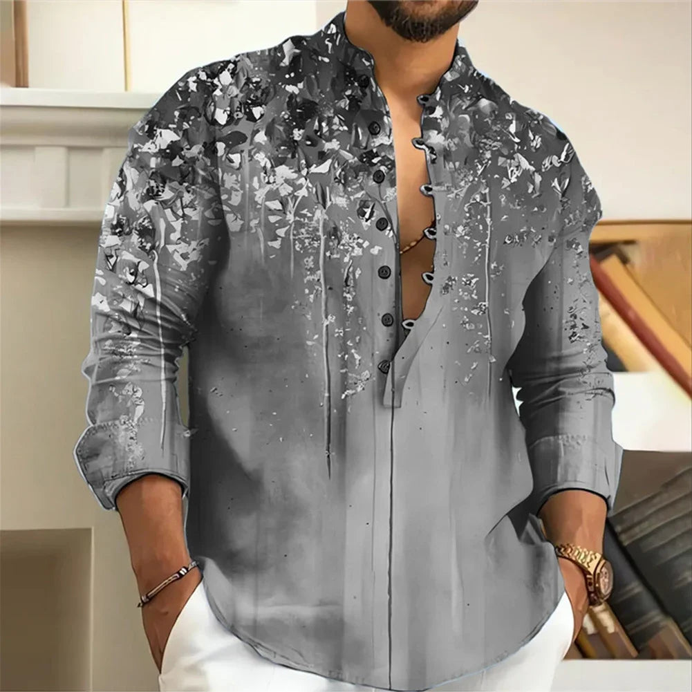 Men Long Sleeve Button-Down Shirt Blouse Loose Henley V-Neck Beach Tops T Shirts
