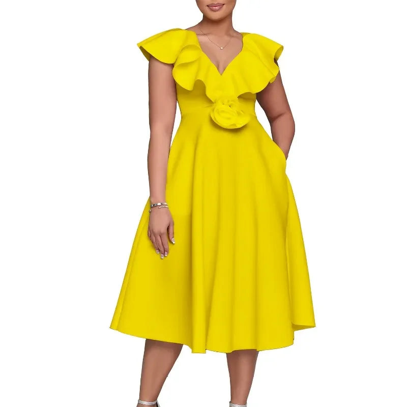 Customized African Women White Dresses Party Ruffles O Neck High Waist A Line Pleated Summer Dress Fashion Evening Birthday Gown