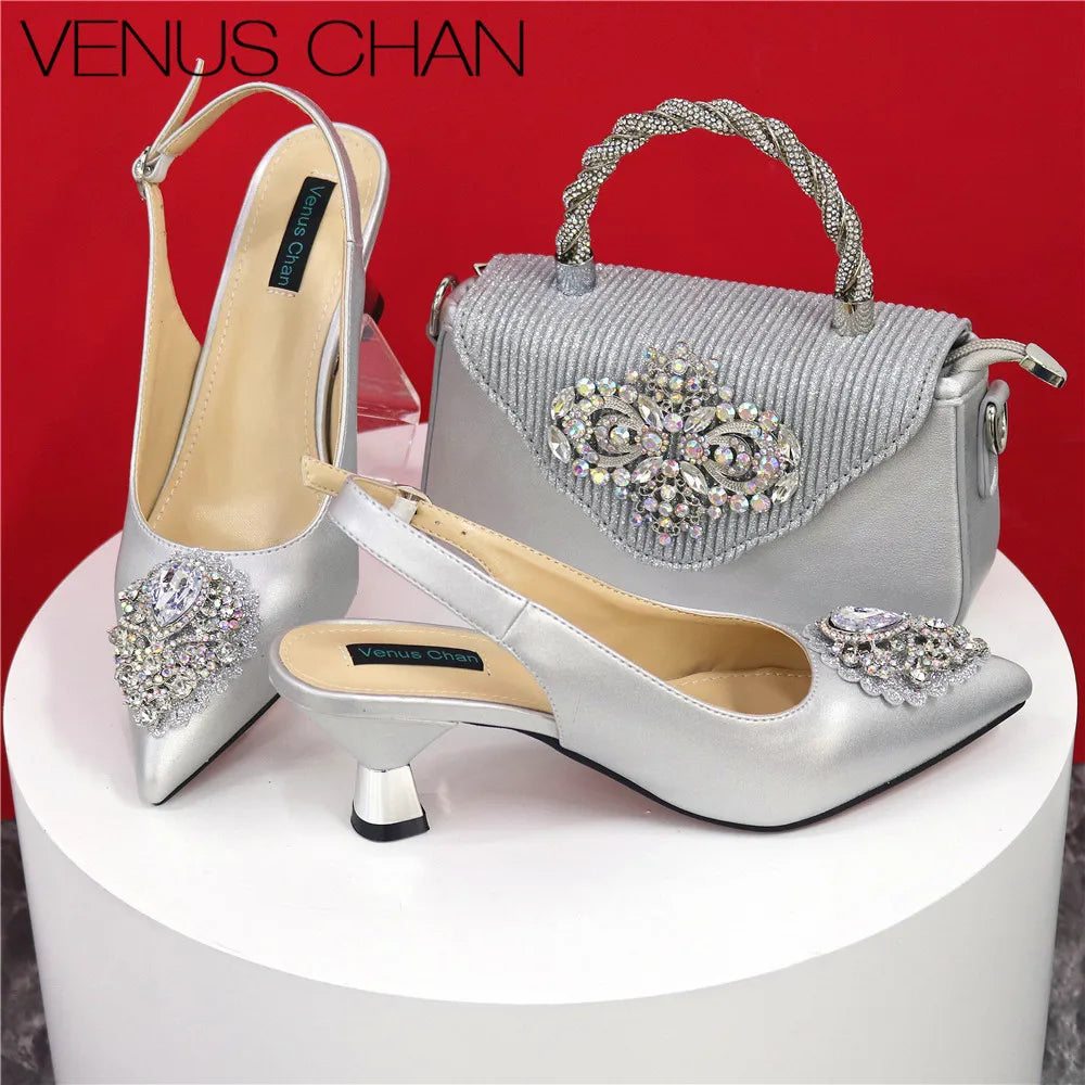 Italian 2024 Fashion Design Diamond Chain Full Diamond Bag And Pointed High Heels Noble And Generous Decoration Full Diamond