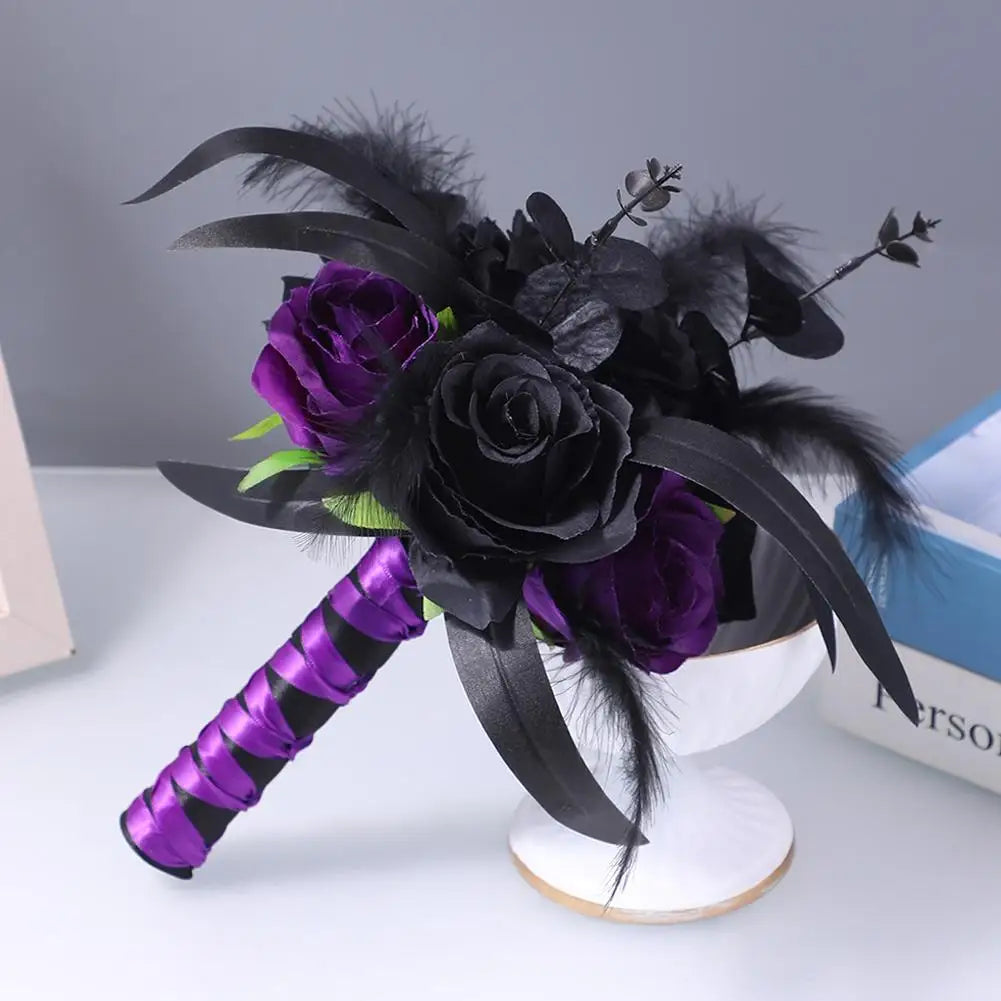 Yannew Black Burgundy Gothic Bridal Bouquets for Bride Bridesmaids Artifiicial Silk Foam Roses Flower Wedding Bouquet Halloween