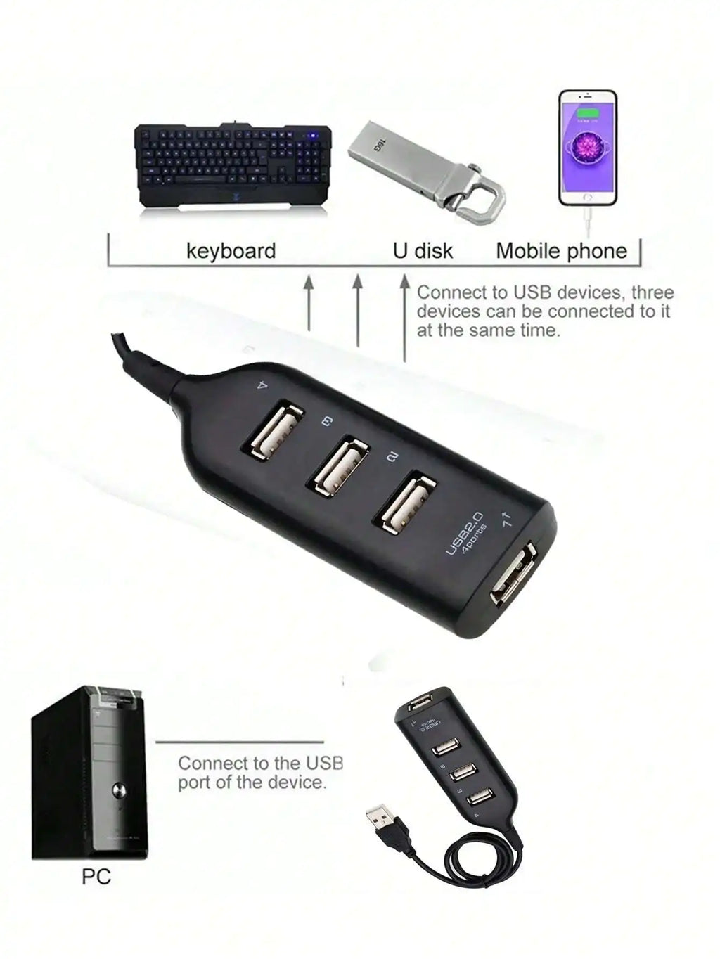 1pc White USB 4-Port Hub Expander Computer Accessory