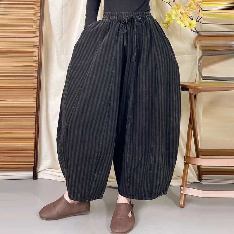 High Quality Cotton Linen Casual Pants Women New Arrival 2024 Autumn Vintage Style Striped Female High Waist Harem Pants M075