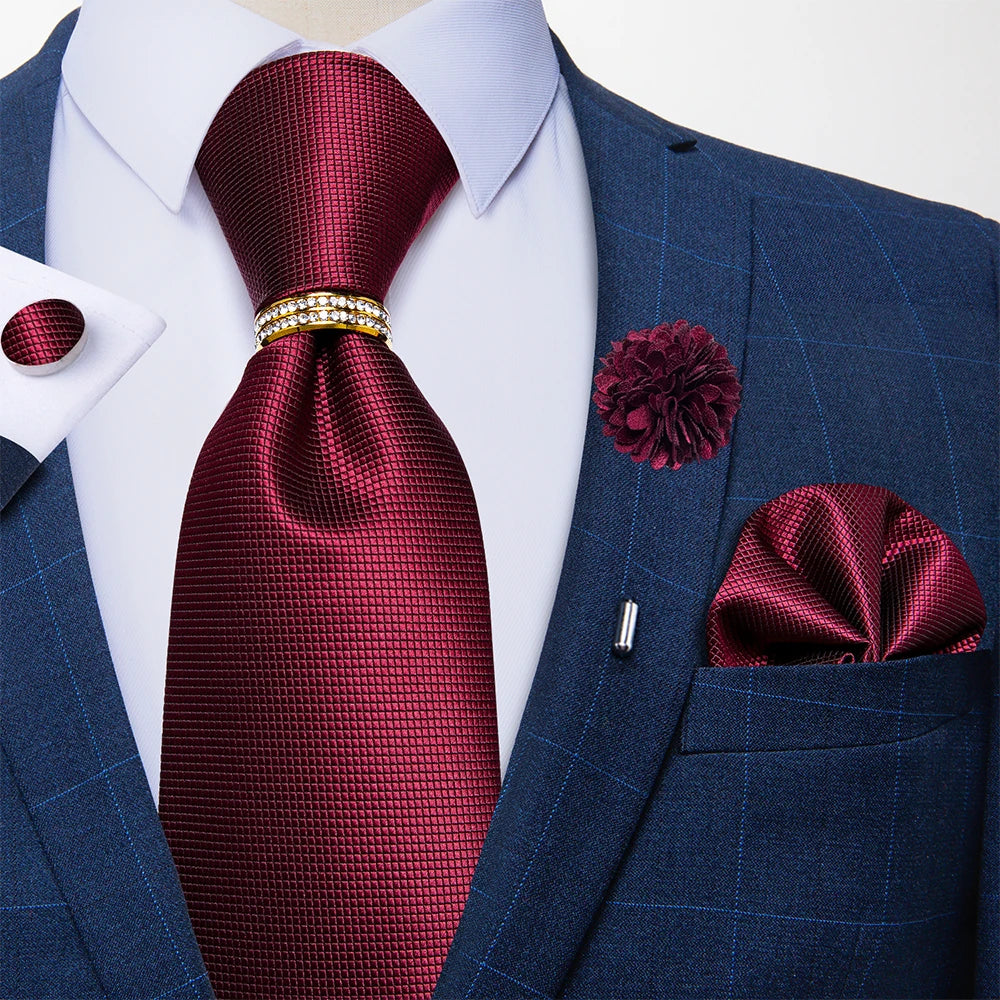 Men's Floral Red 8cm Ties Handkerchief Cufflinks Metal Ring Brooch Pin 5 Pcs Set Wedding Party Suits Accessory Gift for Husband