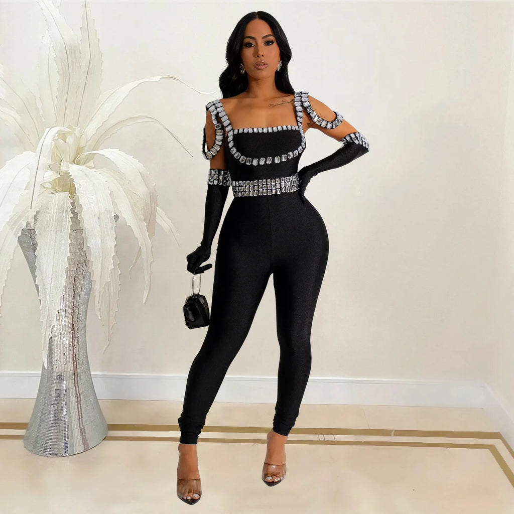 CM.YAYA Women Diamonds Hot Rhinestones Sexy Strap Long Sleeve Jumpsuits Streetwear Club One Piece Overall Rompers with Gloves