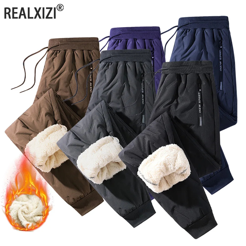Winter Sweatwear Men's Plush Thick Sweatpant Thermal Zipper Pocket Trousers Casual Jogger Outdoor Windproof Thickened Pants