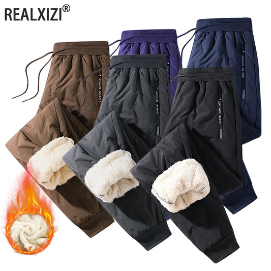 Winter Sweatwear Men's Plush Thick Sweatpant Thermal Zipper Pocket Trousers Casual Jogger Outdoor Windproof Thickened Pants