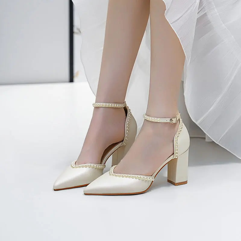 Size 34-48 Pointed Tie High Heels White Bridal Shoes Thick Heel Hollow Handmade Pearls Women's Wedding