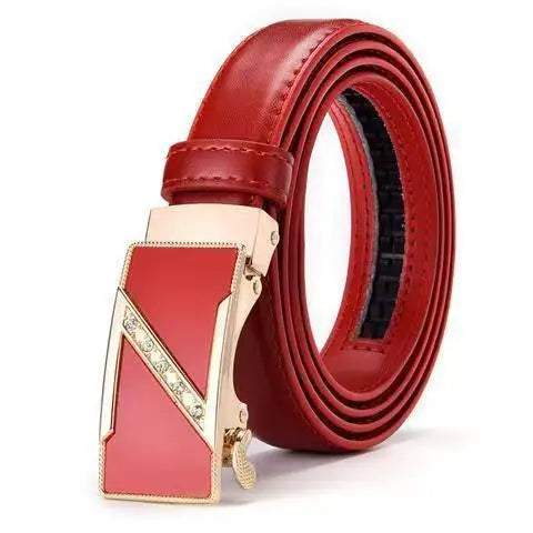 New Women's Genuine Leather Belt with Automatic Buckle: Red, Versatile, Trendy, Z - Letter Buckle, Made of Cowhide