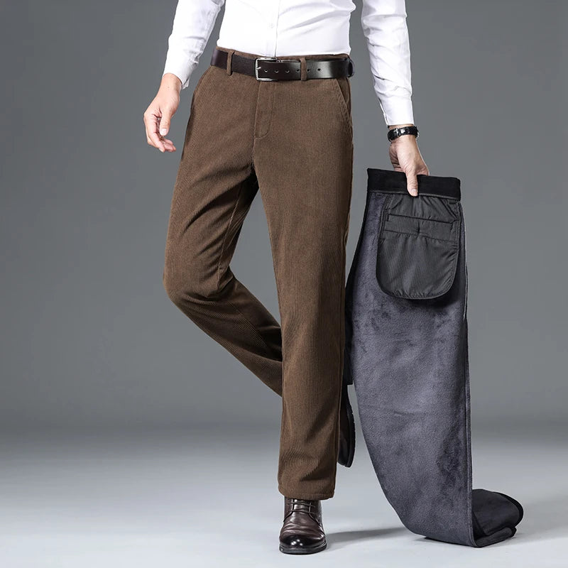 Winter New Corduroy Thick Pants Men's Fleece Fashion Business Straight Trousers Brand Comfortable Velvet Warm Plush Loose Pants