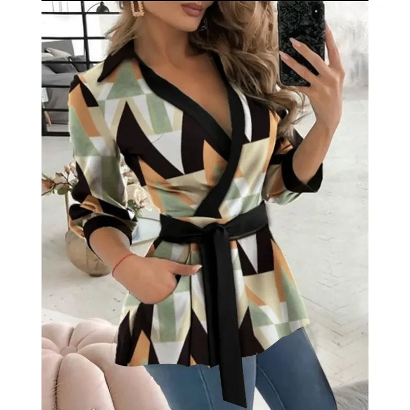 Plus Size Women's Spring/Summer Commuter Elegant Long Shirt Fashion Printed Shirt Long Sleeved Solid Color Lapel Belt Shirt