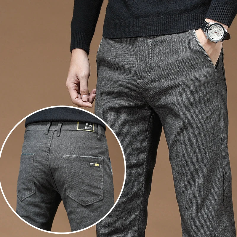 Winter Fashion Thermal Mens Casual Pants Fleece Lined Straight  Business Trousers Versatile Black Gray Blue Brand Trousers