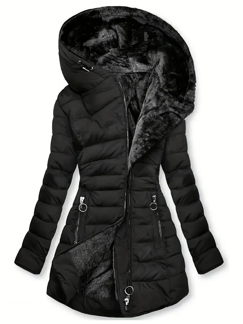 Long Sleeve Coat Solid Women's Winter Jacket with Plush Lining Hooded Outerwear Warm Windproof Down Coat for Cold Weather