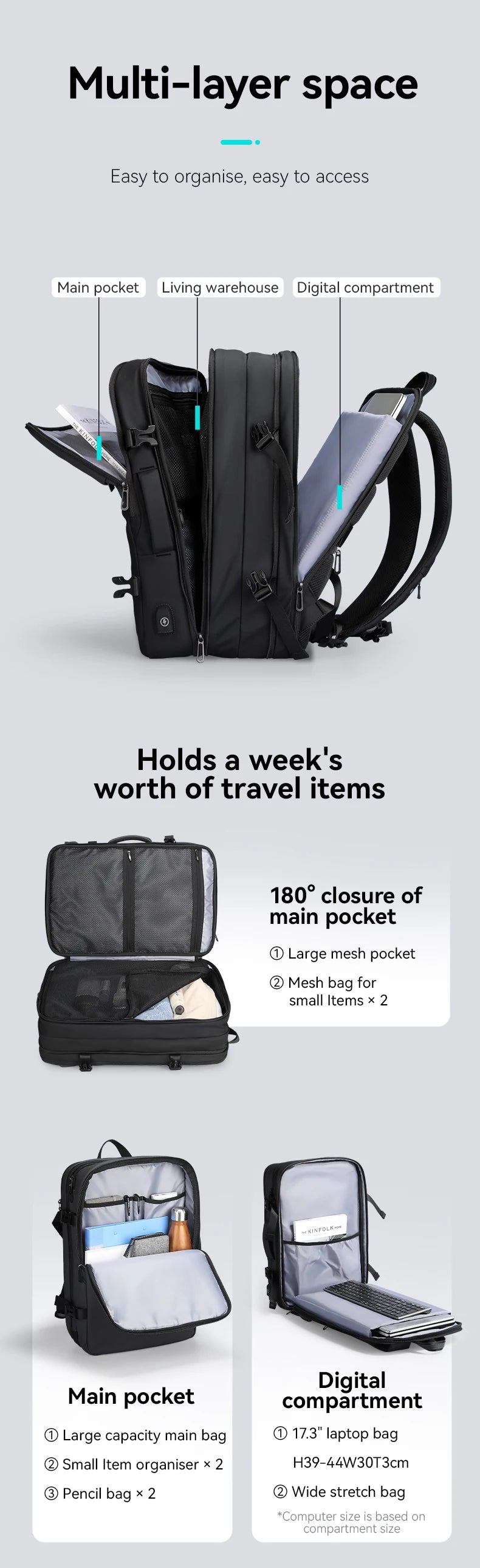 MARK RYDEN Large Travel Backpack Men Multi-functional 39L Expandable Airline Approved 17.3inch Laptop Backpack Ykk Zipper