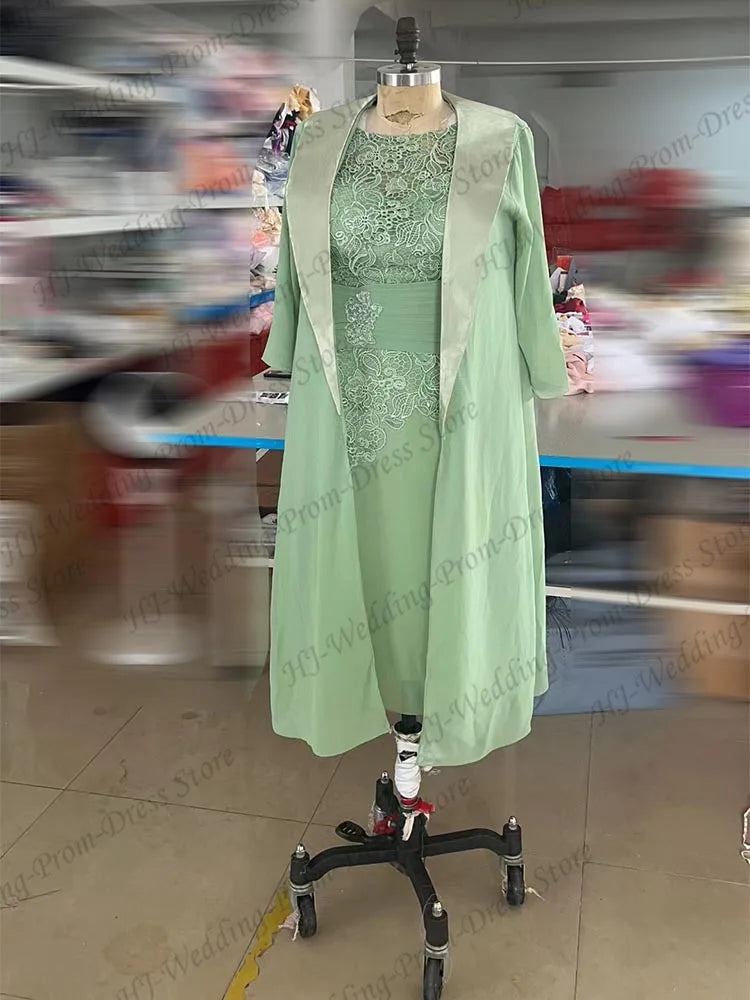 Mother of the Bride Dresses For Weddings Midi Dusty Blue Knee-Length Floral Lace Appliques Layered Ruched فستان