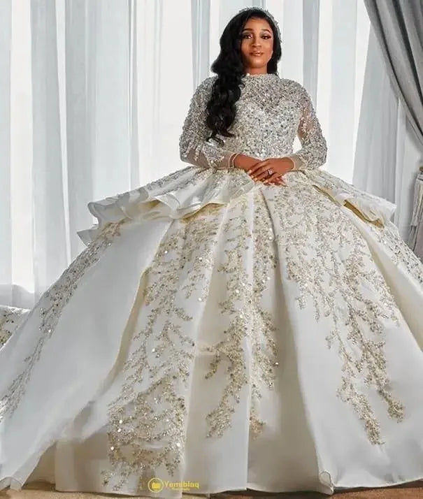 Gorgeousxx Sparkly Sequins Arabic Wedding Dress Long Sleeves African Bridal Gown Puffy Ruffles Dubai Robe De Mariage Customized