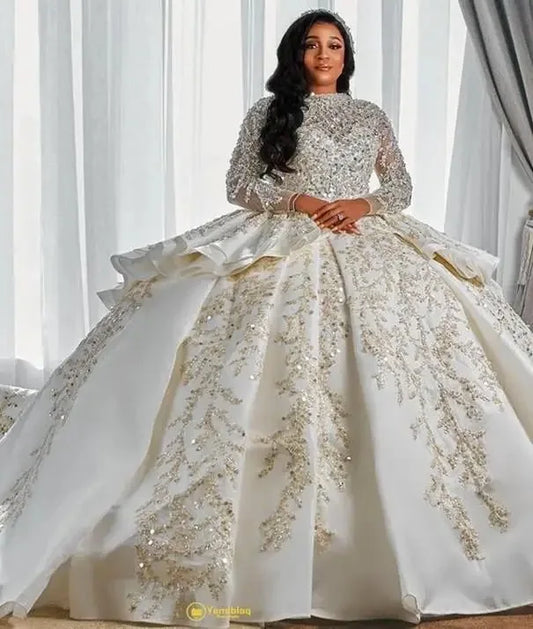 Gorgeousxx Sparkly Sequins Arabic Wedding Dress Long Sleeves African Bridal Gown Puffy Ruffles Dubai Robe De Mariage Customized