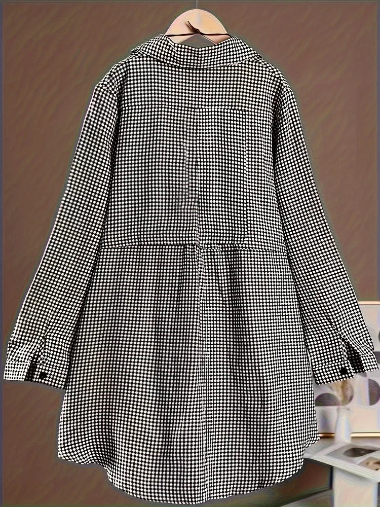Plus Size New Korean Fashion Blouses Plaid Button Solid Midi Autumn Shirt Female All-match Loose Long Sleeve Polo-Neck Blouse