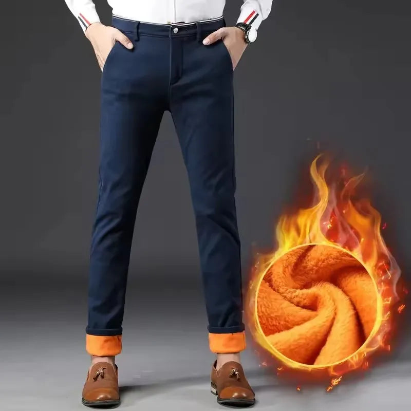 Winter Men Korean Fashion Straight Leg Pants Winter Snow Warm Thermal Thicken Casual Pants New Fleece Slim Fit Business Trousers