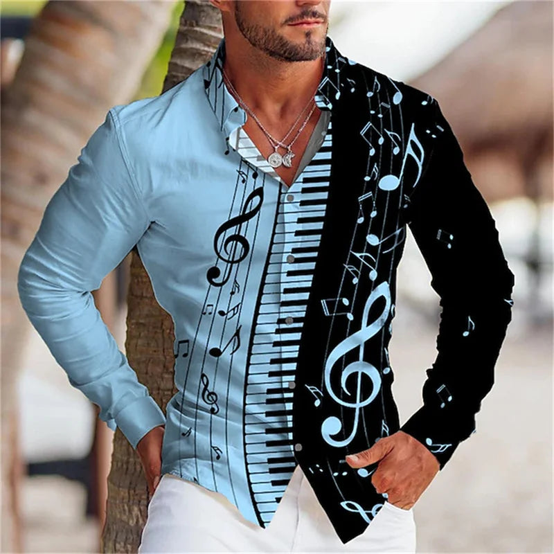 2023 Fashion Men's Shirt Music Note 3D Printing Lapel Button Top Long Sleeve Shirt Clothing   Comfortable  S-6XL