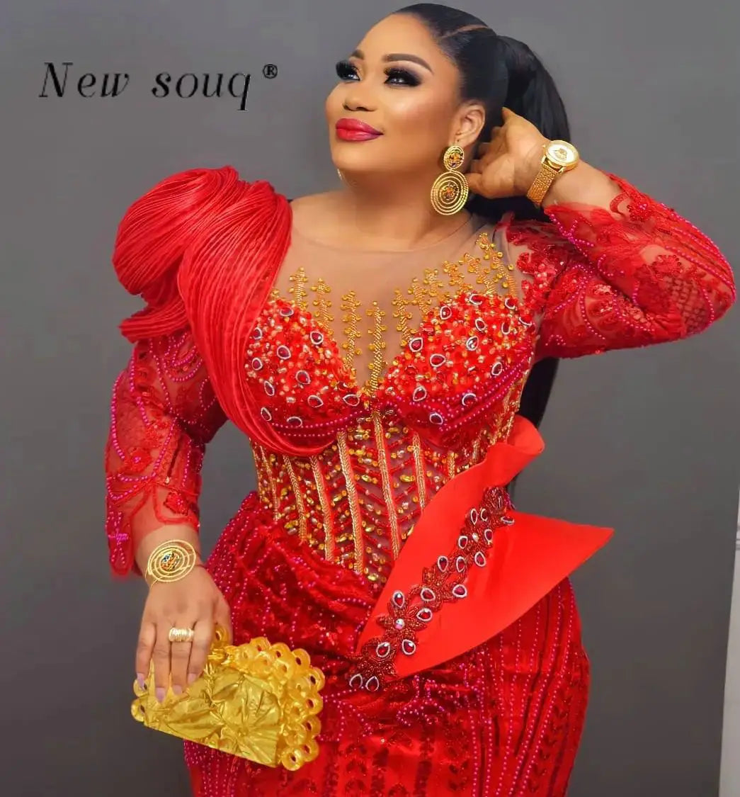 Plus Size Red Long Sleeves Mermaid Evening Dresses Sparkly Crystals Beaded African Wedding Reception Party Gowns Customized