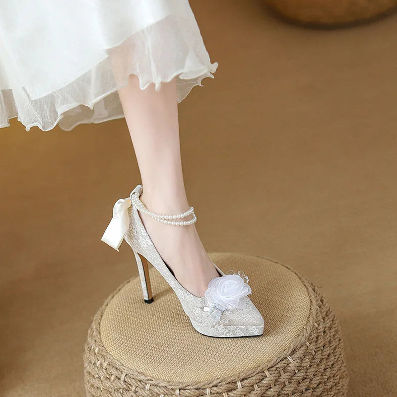 High heels, women's wedding shoes, Hexiu, two pairs of thick heels, beautiful ankle rings, pearl straps, bridal shoes