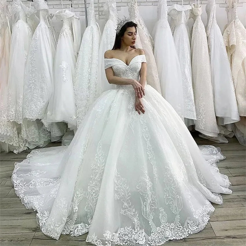 Off the Shoulder Luxury White Prinses Trouwjurk Lace Appliques Elegant Wedding Dresses For woman Bridal Gowns Vestido De Noiva