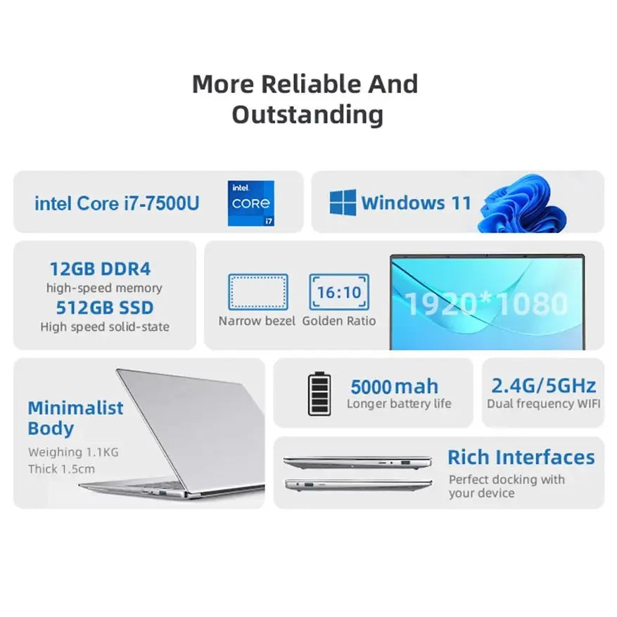 Windows 11 14.1 inch Laptop Computer intel i7 7500U Intel A3950 Laptops 1080P 12GB DDR4 1TB 2TB SSD Portable i7 Laptop Notebook